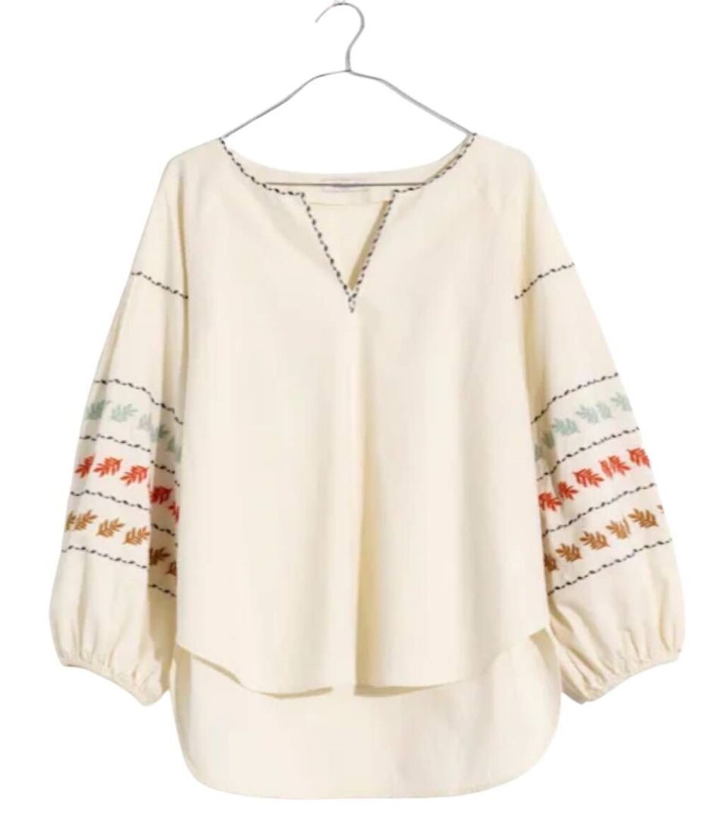 Madewell Blouse Women's Small Ivory Embroidered Fall Leaf Balloon Sleeve